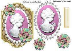 Pretty Pink Cameo Lady on Lace with Flowers & Lattice Frame