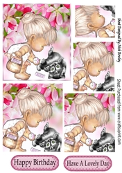 Girl playing with kitten and her toys pyramids