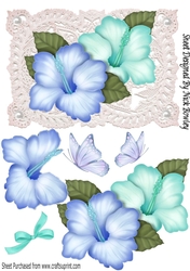 Pretty tropical blue shades flowers on vintage lace with pearls