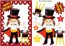 Magic Magician Girl with rabbit in a hat, with birthday stars