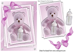 Cute pink teddy with bottle on stackers with pink bow