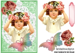 Pretty vintage girl with roses in white ornate frame with butterfly