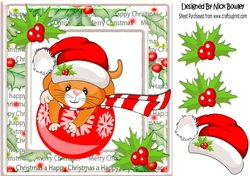 Cute kitty on christmas bauble with holly 8x8