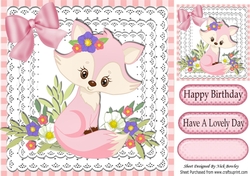 Cute little foxy girl on lace with flowers & bow 8x8