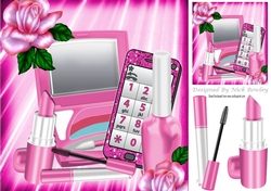 Pink makeup with  glitter mobile phone and rose 8x8