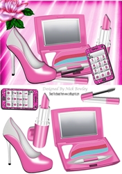 pink makeup with glitter mobile phone and rose A5