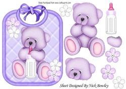 Cute cuddle bear on lilac babys bib with bottle