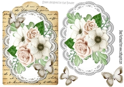 Cream roses and paper butterflies on script topper & lace
