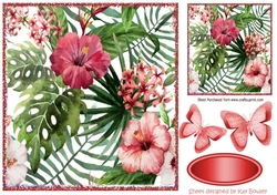 Pretty garden flowers in red, with paper butterflies