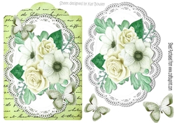 green painted roses and paper butterflies on script topper & lace