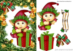 Cheeky santa elf sitting on present in christmas frame