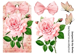 pink roses with organza bow on a tag