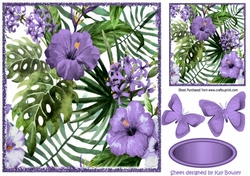 Pretty garden flowers in lilac, with paper butterflies