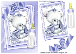 Cute little white bear with lilac bow and bottle on stacker and lace