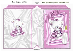 Cute little white bear with pink bow and bottle on stacker and lace folded book
