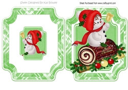 Christmas log with holly and cute snowman folded card