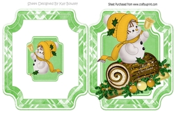 Christmas log with holly and cute snowman in gold folded card