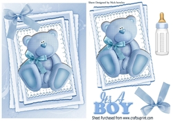 Cute little blue gingham bear with bow on lace stacker