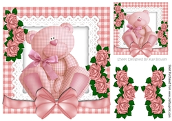 Pretty gingham teddy bear in gingham frame with roses 8x8