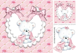 Cute little baby bear on lace bib with pink bows 8x8