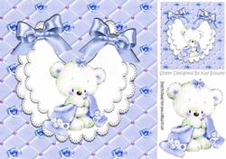 Cute little baby bear on lace bib with blue bows 8x8