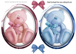 cute cuddly bears in pink and blue gingham, toppers with glass and bows