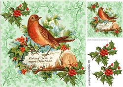 Pretty vintage robin with holly 8x8