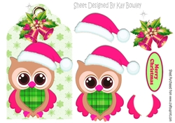 cute owl in cerise santa hat on a snowflake tag with bells