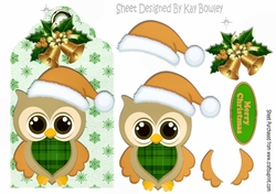 cute owl in gold santa hat on a snowflake tag with bells
