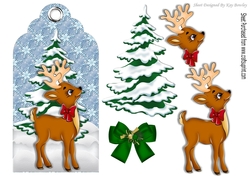 cute little deer with christmas tree on snow tag