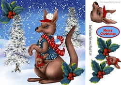 kangaroo in blue with little joey in her pouch in the snow 8x8