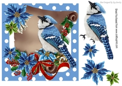 Winter bird song, on a pretty scroll with poinsettias