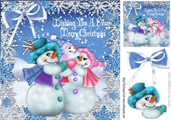 Lovely snowman family with bow and snowflakes 8x8