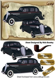 Black Sedans on a scroll, with vintage smoking pipe