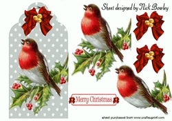Lovely robin on a silver tag with holly, bow with baubles