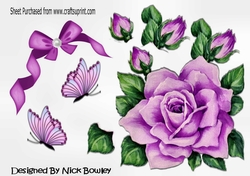 pretty painted big lilac rose, with bow and butterflies