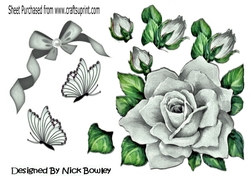pretty painted big silver rose, with  bow and butterflies