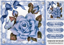 pretty painted big blue rose, with pearls and butterflies 8x8
