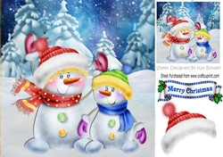 Whimsical happy snowmen in the snow 8x8