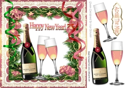 Streamers and pink champagne in festive new year frame 8x8