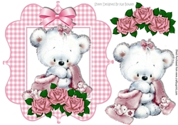 Baby bear in gingham frame with pink roses and bow