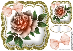 pretty painted peach roses with organza bow in gold glitter 8x8 frame
