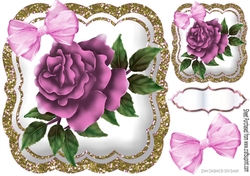 pretty painted pink roses with organza bow in gold glitter 8x8 frame