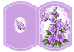 Lilac flowers with butterflies on lace bracket quick card