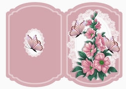 rose pink flowers with butterflies on lace bracket quick card