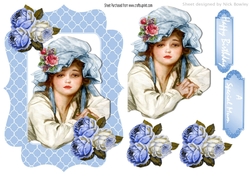 pretty vintage girl in bonnet with  painted roses
