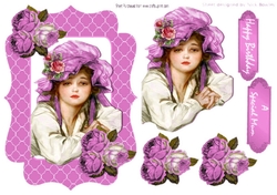 pretty vintage girl in bonnet with  painted pink roses