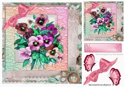 pretty pink shades of pansies with butterflies & pink bow 8x8