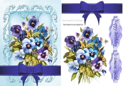 pretty blue shades of pansies with bow in scroll frame