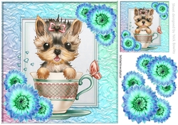 Loveable little yorkie in a teacup with flowers 8x8